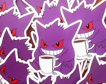 Naklejka winylowa z wycinanym motywem Pokemona Gengara i herbaty, 7,5 x 5 cm