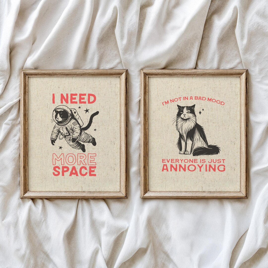 Funny Cat Wall Art Set of 2, Retro Cat Poster, Digital Download - Etsy