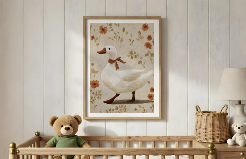 Vintage Goose Nursery Wall Art, Duck Print With Bow, Cottagecore Kids ...