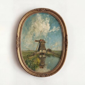 Lámina de pintura al óleo de molino de viento vintage, arte mural de estilo rústico, descarga digital de paisaje rural.