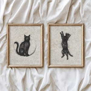 Set of 2 Black Cat Scribble Art Prints, Minimalist Line Art (Digital Download)