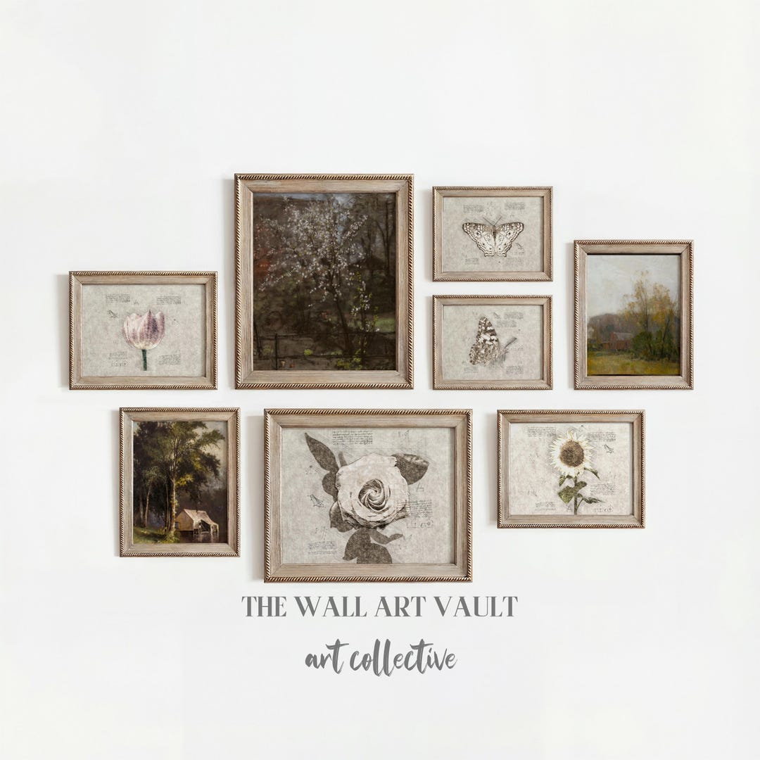 Vintage Gallery Wall Art Set of 8, Moody Botanical Prints, Dark ...