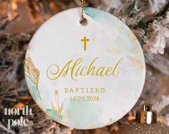 Personalized Christening Ornament - Name + Date Custom Baptism Ornament - Blue Watercolor Christened Ornament Keepsake NP-254