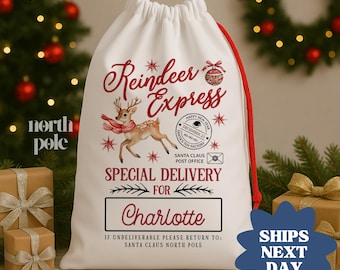 Reindeer Express Christmas Sack: Personalized Santa Bag For Kids, Custom Christmas Gift Bag With Name(NPB-039)