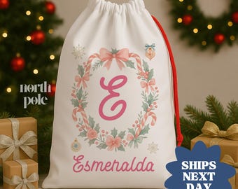 Personalized Christmas Sack: Custom Name Santa Gift Bag For Kids, Holiday Present Bag With Wreath Design(NPB-045)
