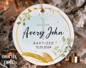 Personalized Baptism Ornament, Name + Date Custom Baptized Ornament, Blue Watercolor Christened Keepsake NP-145