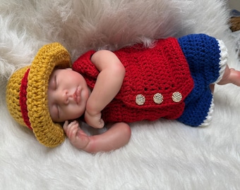 Crochet Luffy Costume - Newborn to 6T One Piece Inspired Outfit (Vest, Shorts & Hat)