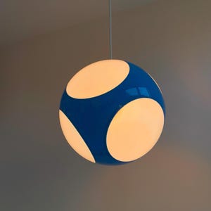 70s Vintage Blue & Misty White “Bug Eye“ Pendant Lamp From Massive, Belgium, Attr. Luigi Colani. MCM Eames-Panton Era Design UFO Lighting.