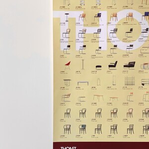 Op de afbeelding: Een poster met een catalogus van Thonet-stoelen, met verschillende ontwerpen en modellen. De poster heeft een houten lijst en is aan een witte muur bevestigd. Het Thonet-logo is onderaan zichtbaar.