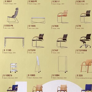 Op de afbeelding: Een cataloguspagina met verschillende stoelontwerpen. De stoelen hebben diverse stijlen, waaronder fauteuils, bureaustoelen en bijzettafels, met variaties in materialen en kleuren. Elke stoel is voorzien van een ontwerpnaam en het jaar.