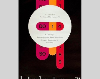 Originele tentoonstellingsposter 'Kalenderschau 71' (kalendershow) door Grafischer Klub Stuttgart, Duitsland, 1971. Bauhaus Design vintage poster.
