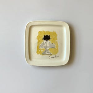 50s Vintage Rare “Black Cat In Suit” Square Glazed Ceramic Plate Illustrated By Female Artist Leonor Fini For Lavenia, Italy.