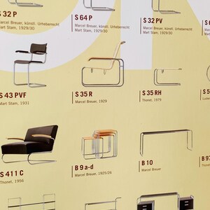 Op de afbeelding: Een pagina met verschillende meubelontwerpen uit het midden van de eeuw. De ontwerpen omvatten stoelen, tafels en een bureau, allemaal met strakke lijnen en een minimalistische esthetiek. De tekst bevat de naam van de ontwerper en het ontwerpjaar.