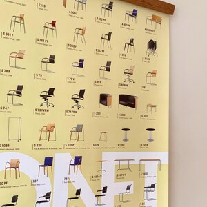 Op de afbeelding: Een poster met een verzameling verschillende stoelontwerpen, elk gelabeld met een unieke code. De stoelen vari&euml;ren in stijl, kleur en materiaal, met enkele ontwerpen die uit het midden van de eeuw lijken te komen. De poster wordt gepresenteerd met een houten hanger.