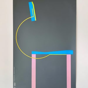 Original large format “Möbel aus Italien” Italian designer furniture exhibition poster featuring a colorful Follia chair from Zanotta, 1983.