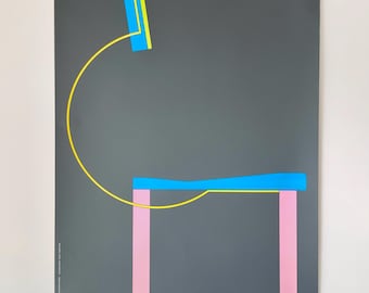 Originele grootformaat 'Möbel aus Italien' Italiaanse designmeubeltentoonstellingsposter met een gekleurde Follia-stoel uit Zanotta, 1983.