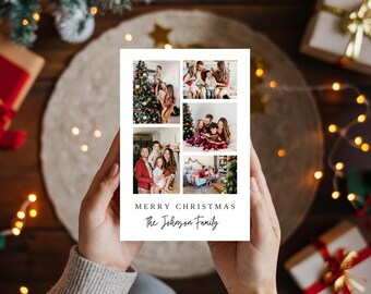 Editable Merry Christmas Card, Photo Card Template, Instant Download, Canva, Photo Collage Printable Modern Minimal Christmas Card