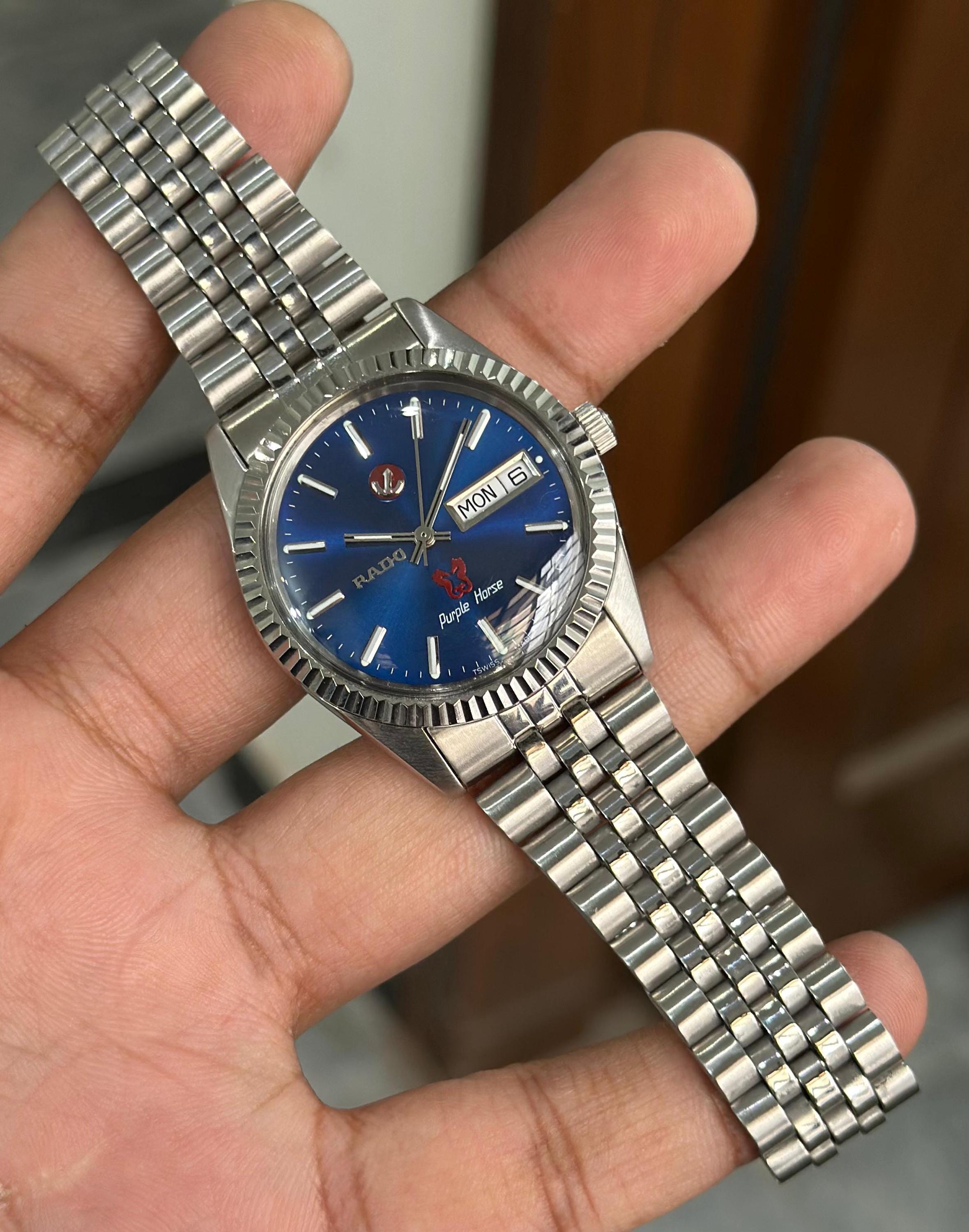 Vintage Rado Purple Horse Automatic Blue Sunburst Dial Wrist Watch