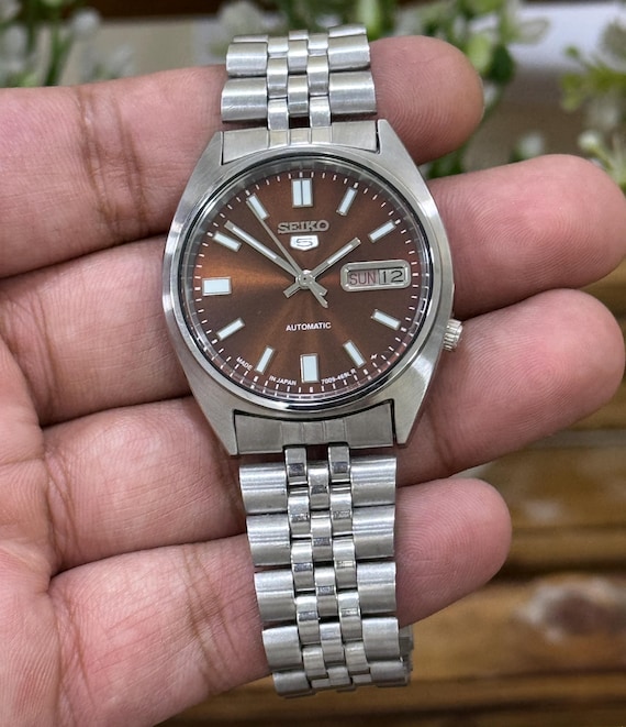 Seiko 5 Automatic Sunburst Brown Chocolate Dial Wrist Watch For Mens Japan 7009