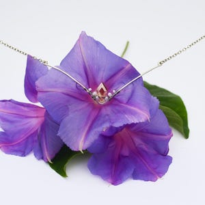 May include: A delicate silver necklace with a central gemstone and small pearls, set against a backdrop of vibrant purple morning glory flowers and green leaves. The necklace has a V-shaped design.