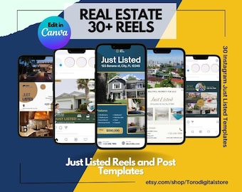 May include: A set of 30 Instagram templates for real estate agents. The templates are designed to be used for "Just Listed" posts and reels. The templates feature a variety of colors and designs, including a blue and gold color scheme. The templates include text boxes for the property address, price, and other details. The templates are editable in Canva.