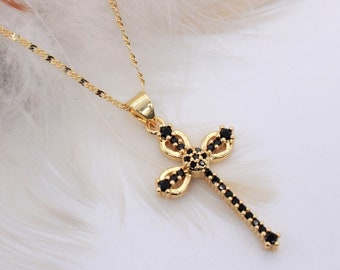 Elegant, Dainty, Cross, Pendant. High Quality. Gold Filled. Black, Micro Pave, CZ's. Gold, Anchor Chain. Christian Jewelry. All Occasion.