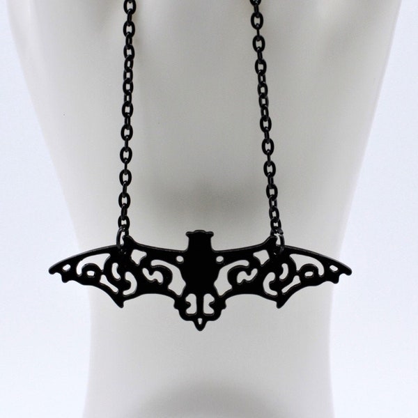 Goth Bat Necklace. Gender Neutral. Halloween Accessory. Openwork, Black Bat. Dracula and Vampire Jewelry. Spooky Necklace. Cos Play Necklace