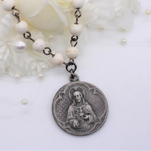Catholic Necklace. White Howlite, Rosary Chain. Pewter Medal. Beautiful French Reproduction, Immaculate Heart of Mary, Sacred Heart of Jesus