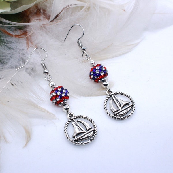 Smooth Sailing, Summer Earrings. Petite, Patriotic Dangles. Antique Silver, Sparkling, Red, White and Blue, Crystal's. Women and Teen Girls.