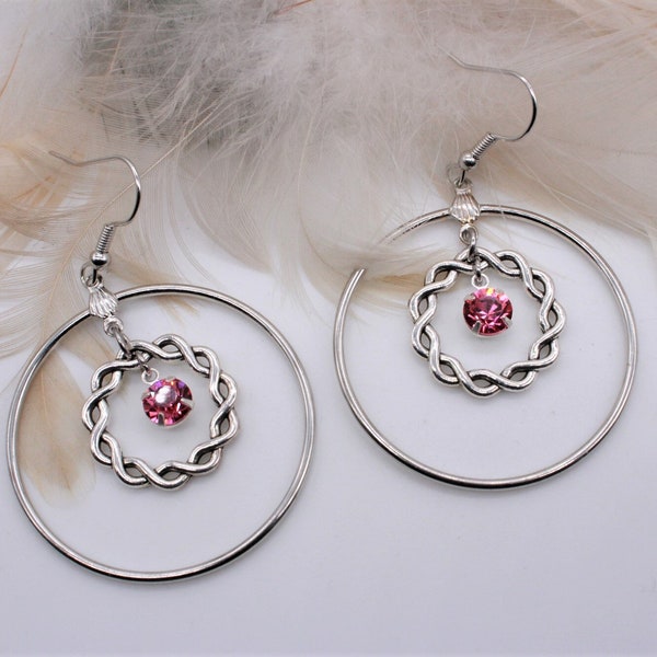 Women's, Large, Hoop Dangles. Light Weight. Rhodium Plated. Pretty Twist Rings and Rose Pink, Austrian Crystal Drops. All Occasion Earrings.