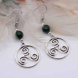 Minimalist Style, Celtic Earrings. Antique Silver Plated. Triskelion Charms. Dark Green Jade, Gemstone Beads. Irish Jewelry, Celtic Dangles.