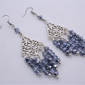 Sparkling, Boho, Chandelier Earrings. Double Sided. Tibetan Silver Style, Triangles. Silver Lilac, Crystal Rondelles. Asymmetrical Strands.