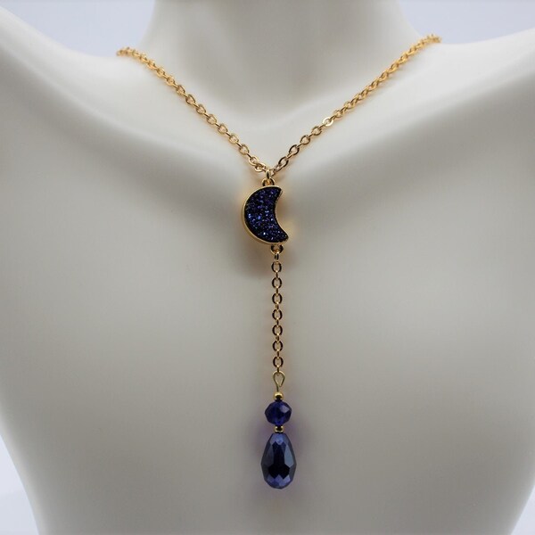 Sparkling, Lunar, Y Style Necklace. Intense, Blue / Purple Crescent Moon. Gold Plated Faux Druzy. Faceted Blue Crystals. Moon Lovers Jewelry