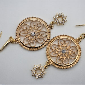 Ornate, Sparkling, Special Occasion Earrings. Lacy, Gold Filigree Dangles. Cubic Zirconia Drops. Fancy, Ear Wires. Versatile Style Earrings.