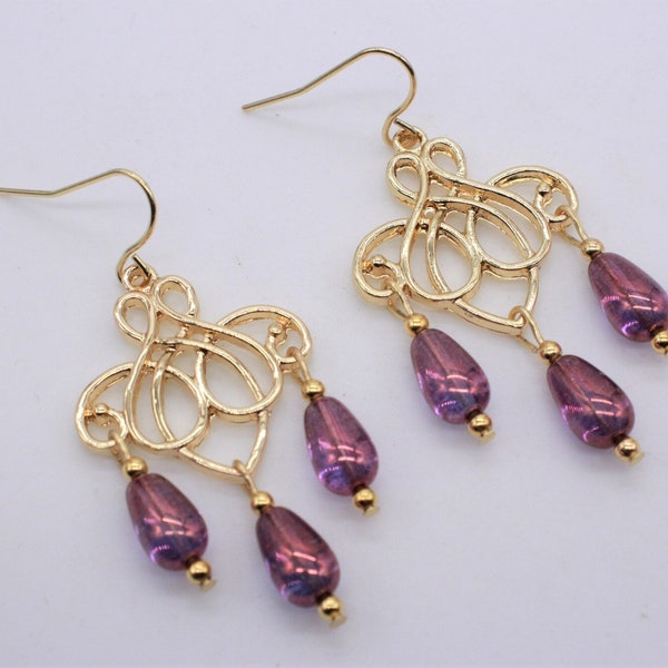 Chic, Sophisticated, All Occasion Earrings. Light Gold, Filigree, Chandeliers. Amethyst, Purple Luster, Teardrops. Light Weight and Stylish.