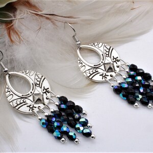 Eye Catching. Tibetan Silver. Boho, Chandelier Earrings. Boho Tribal Style. Ethnic Look. Colorful, Black Glass, AB Beads. Casual Occasions.