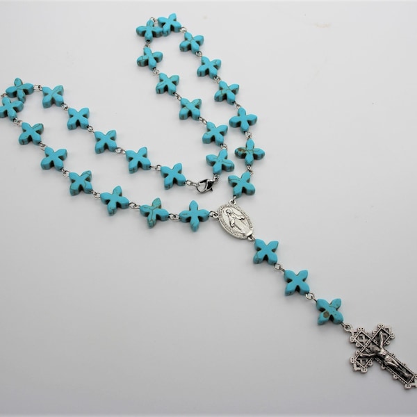 Beautiful, Rosary Style Necklace. Unique, Fancy Cross Beads. Turquoise Blue Howlite. Healing Properties. Italian Made, Lattice Crucifix.