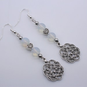 Pretty, Celtic Earrings. Versatile, Opalite, Natural Gemstone Beads and Antique Silver, Celtic Knots. All Occasion Dangles. Irish Jewelry.