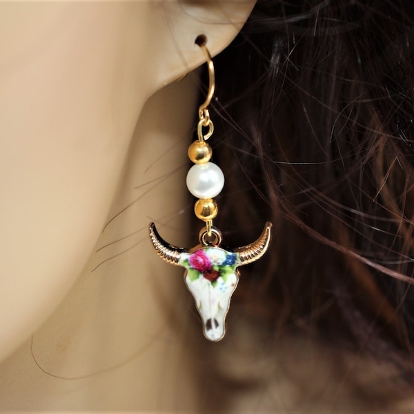 Romantic, Boho, Bull Skull Earrings. Gold Plated with Enamel Detailing. Floral Design. Women's Bull Skull Dangles. South Western Style.