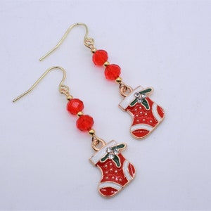 Cute, Christmas Earrings. Colorful, Stockings. Whimsical, Holiday Jewelry. Red, White and Gold Detail. Light Weight. All Occasion Dangles.