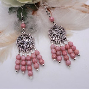 Pretty, Pink, Boho, Chandelier Earrings. Bohemian Style, Dangles. Antique Silver, Openwork, Filigree, Discs. Rose Pink, Czech Glass Beads.