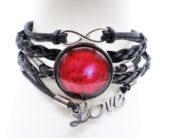 Boho, Women&#39;s and Teenage Girl&#39;s Bracelets. Black, Leather Strands. Infinity and Love Charms. 25mm, Nebula, Cabochons. Stylish Boho Designs.
