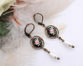 Sweet, Petite, Victorian Style Earrings. Pretty, Antique Brass, Settings. Vintage, Japanese, Floral Cabochons. Charming, Downton Abbey Style