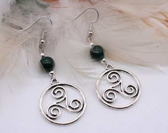 Minimalist Style, Celtic Earrings. Antique Silver Plated. Triskelion Charms. Dark Green Jade, Gemstone Beads. Irish Jewelry, Celtic Dangles.