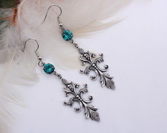 Vintage Style, Art Nouveau Earrings. Antique Silver Plated, Stamping. Graceful, Floral Vines. Sparkling, Blue Zircon, Rhinestone Drops.