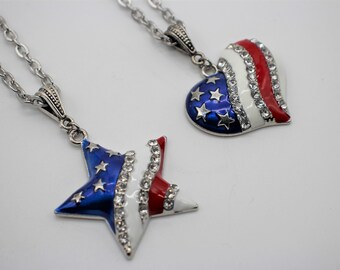 Stars and Stripes Patriotic Pendants. Star or Heart. Red, White and Blue. U.S.A. Holiday Jewelry. Memorial Day. 4th of July, Labor Day.