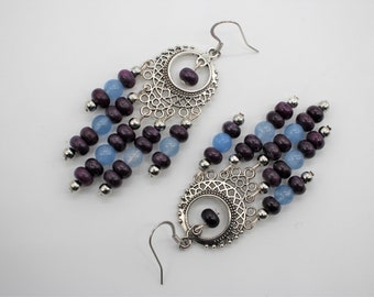 Boho Style, Natural Gemstone, Chandelier Earrings. Deep Purple Jasper and Water Blue Quartz. Ornate Chandeliers. Asymmetrical Bead Strands..