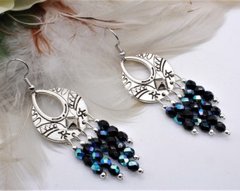 Tibetan Silver Chandelier Earrings: Boho Black AB Glass Bead Dangles