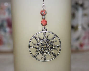 Rustic, Carved, Celtic Knot Sun Earrings. Women&#39;s, Celtic, Dangle Earrings. Silver Celtic Knots and Ocean Jade Gemstone Beads. Casual  Style