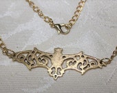 Rustic Goth, Bat Necklace. Gender Neutral. Halloween Accessory. Ornate, Openwork Bat. Dracula and Vampires Necessity. Cos Play Jewelry.